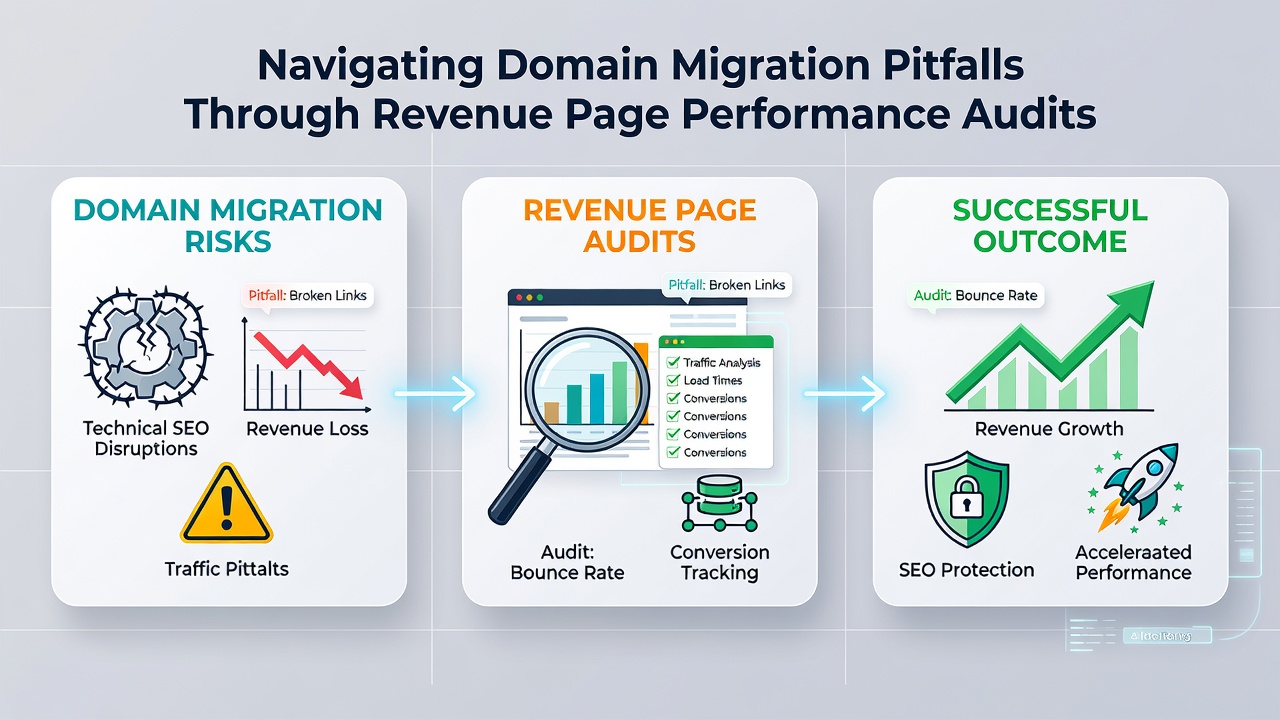 Screenshot of performance audit dashboard highlighting revenue page load times and indexation status post-migration